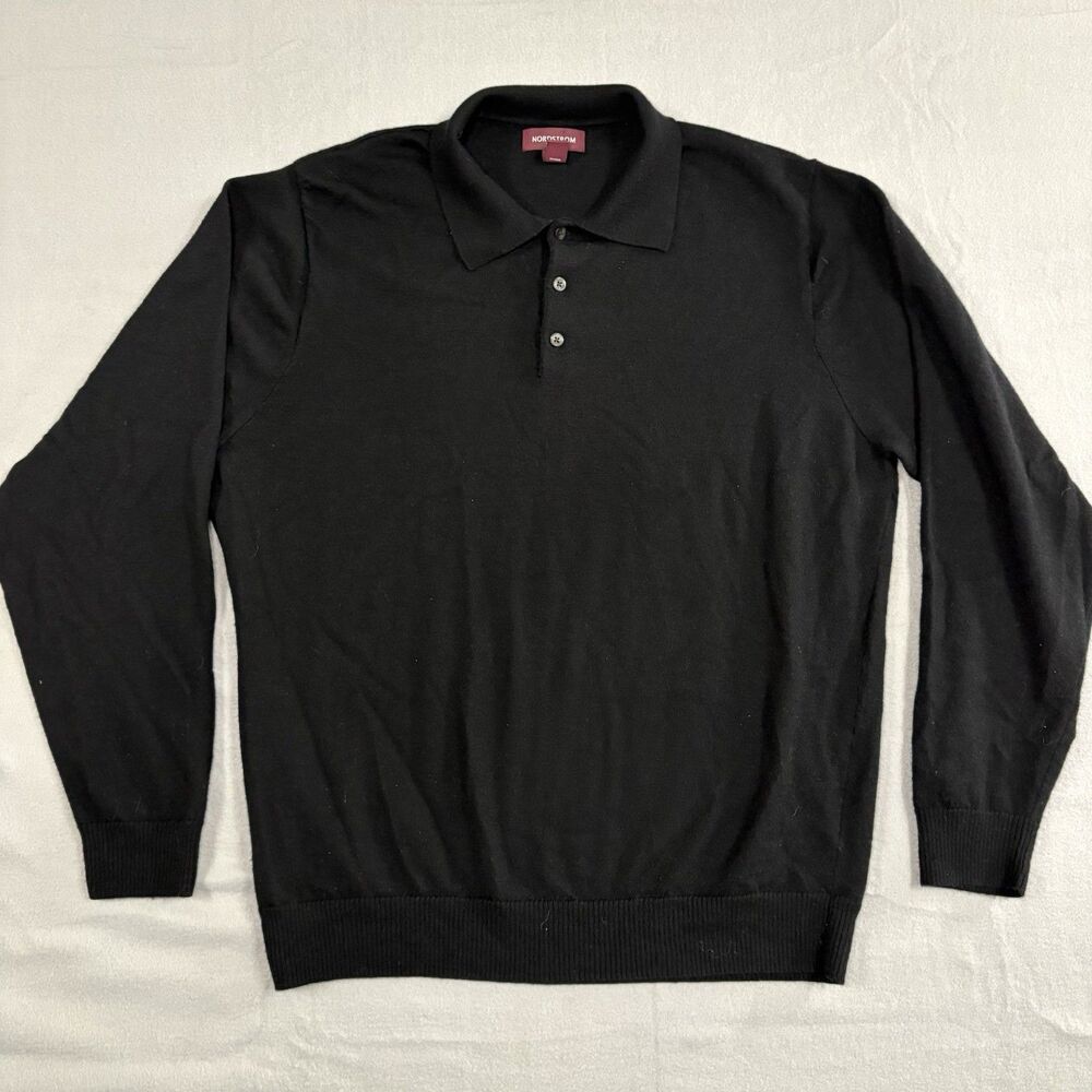 Nordstrom 100% Merino Wool Sweater Polo Men’s Large Black Long Sleeve Knit